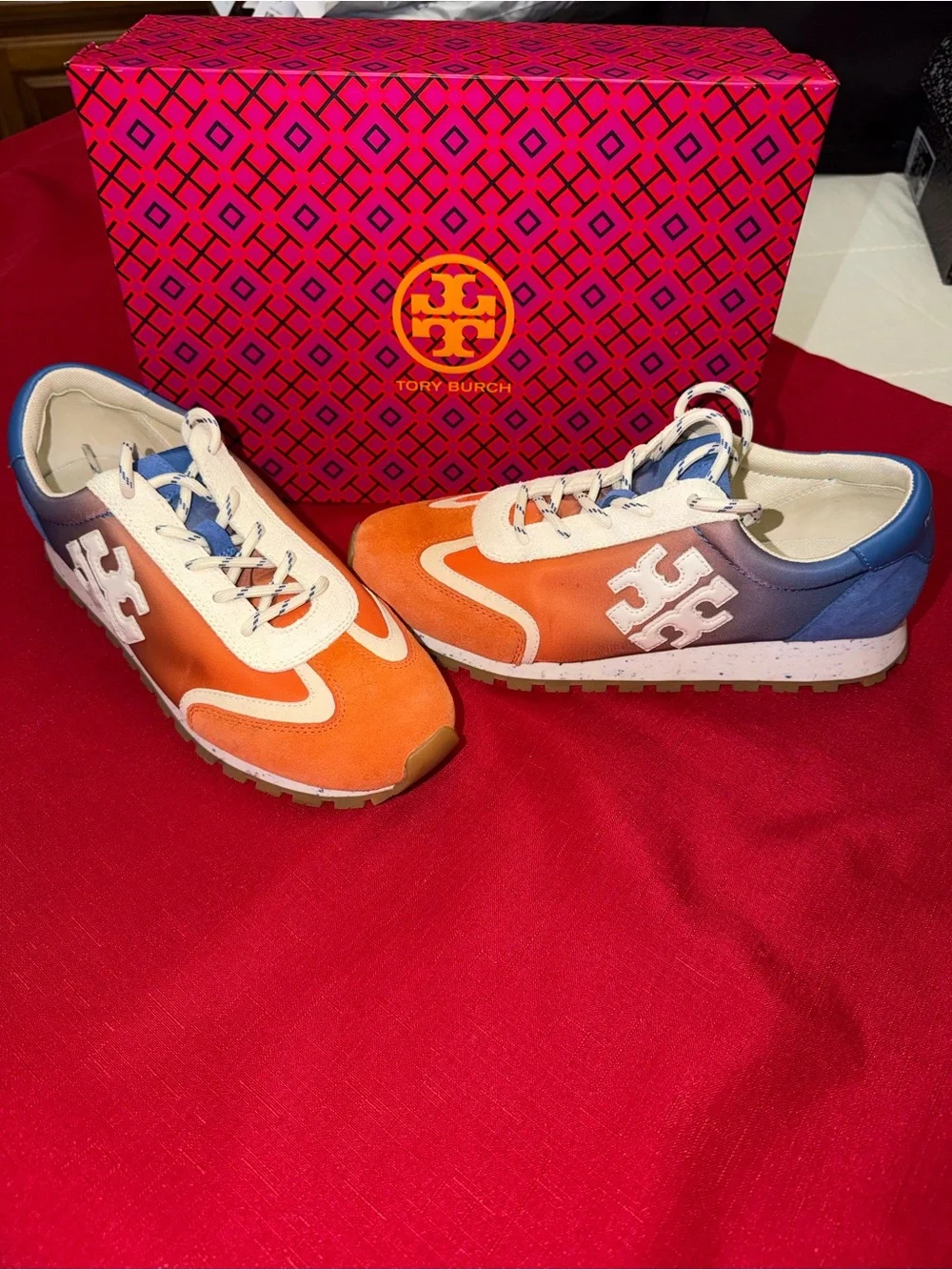 Tory Burch Orange, White & Blue Suede Lace-Up Sneakers